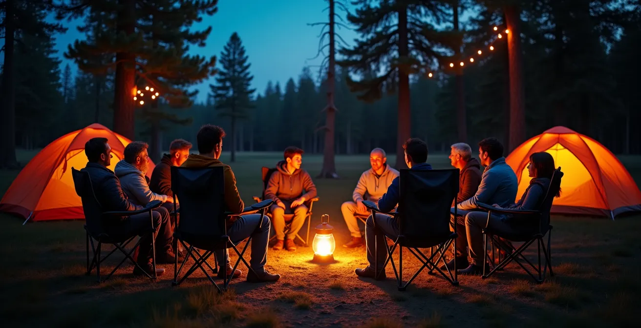 Cercle de campeurs autour de lanternes LED créant une ambiance chaleureuse en soirée