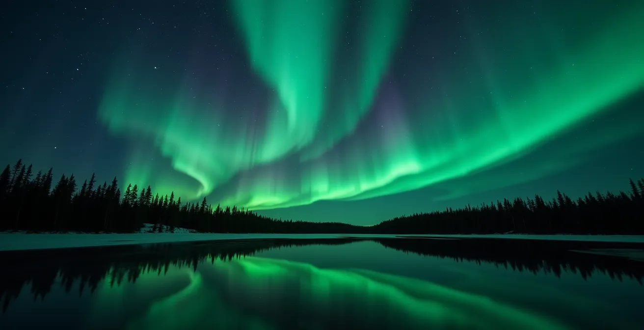Aurore boréale verte dansant au-dessus d'une forêt d'épinettes noires silhouettées