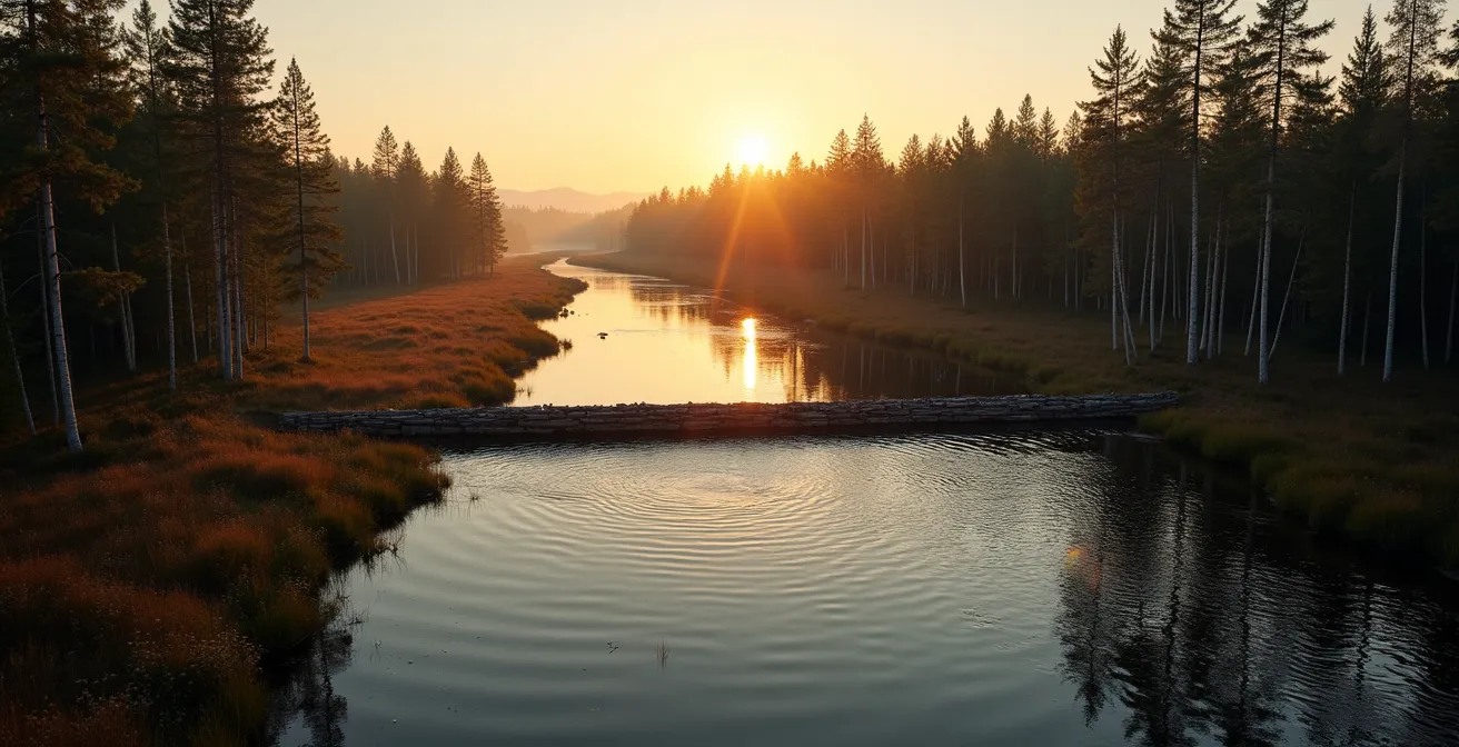 Vue aérienne d'un barrage de castor au crépuscule dans une forêt boréale québécoise