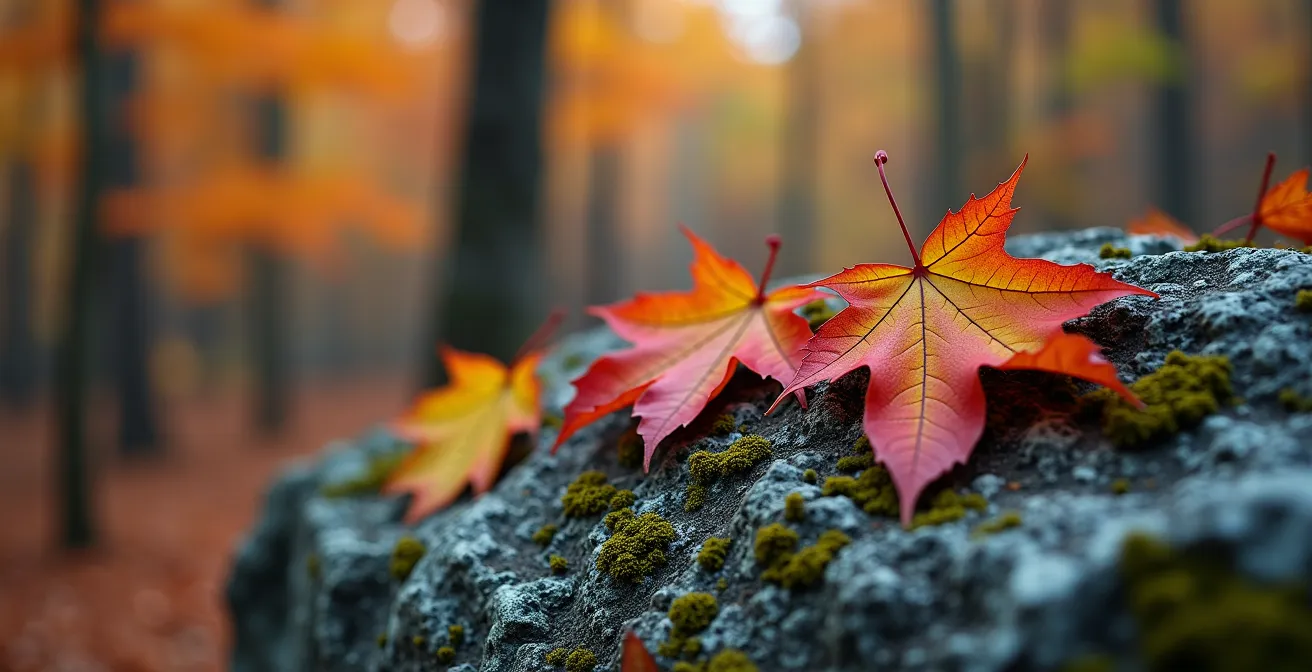 Tente camouflée entre des affleurements rocheux dans une forêt d'érables en automne