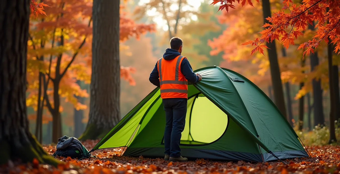 Campeur portant un dossard orange fluorescent installant sa tente en forêt automnale