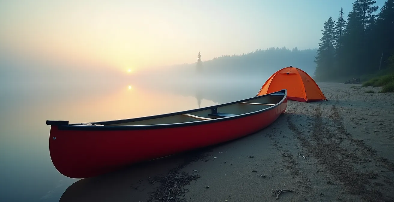 Campement familial au bord d'un lac avec canot tiré sur la plage