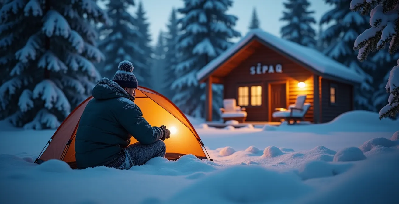 Comparaison entre une tente d'hiver dans la neige et un camp rustique chaleureux en forêt québécoise