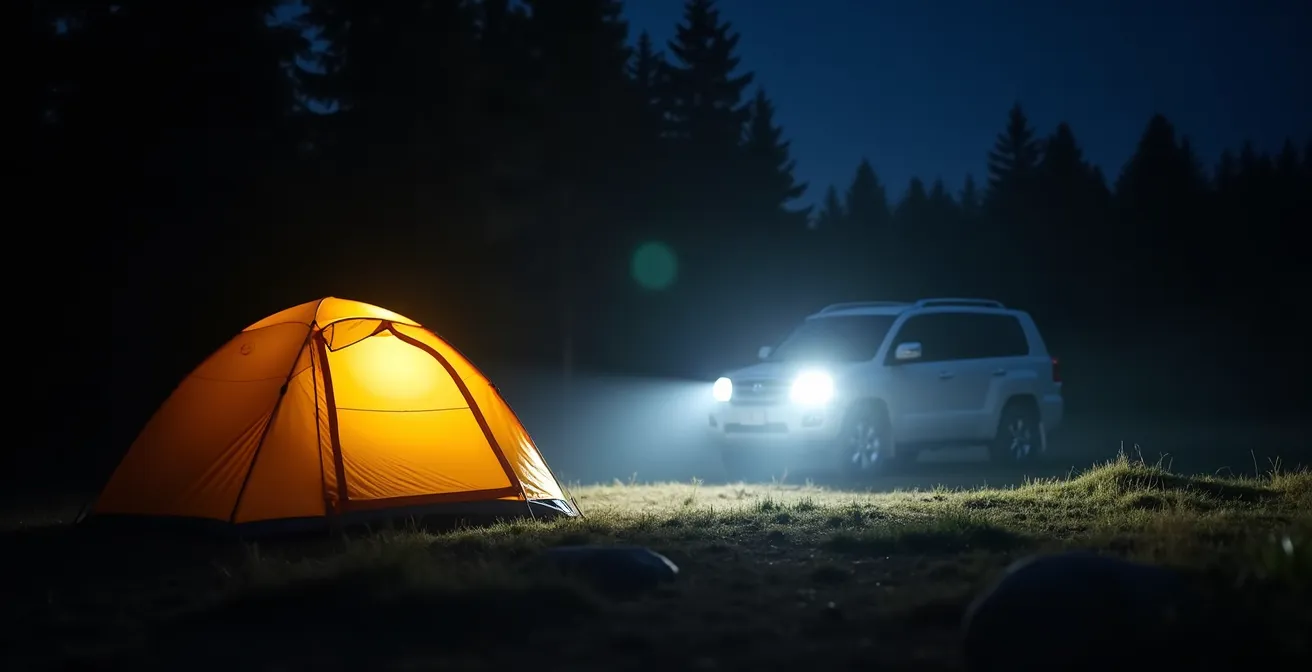 Véhicule VUS éclairant accidentellement des tentes voisines avec ses phares dans un camping québécois