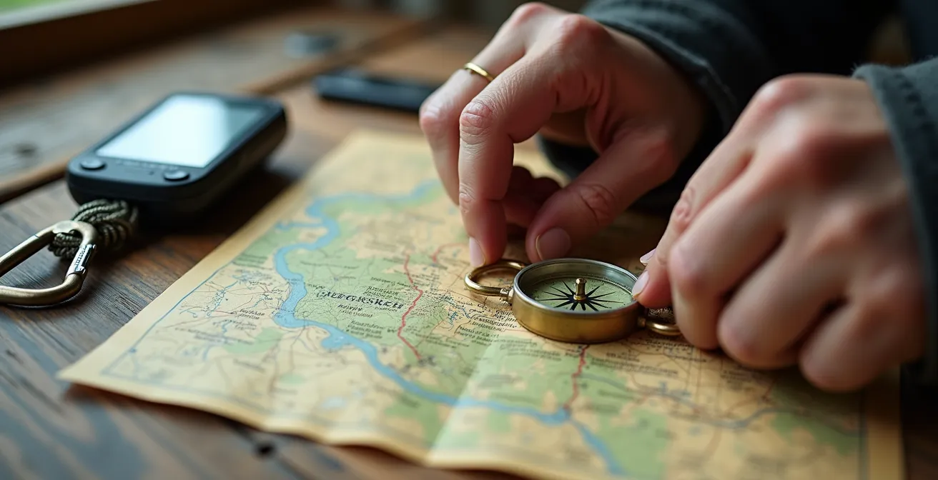 Main naviguant sur une carte topographique papier avec boussole et GPS à côté