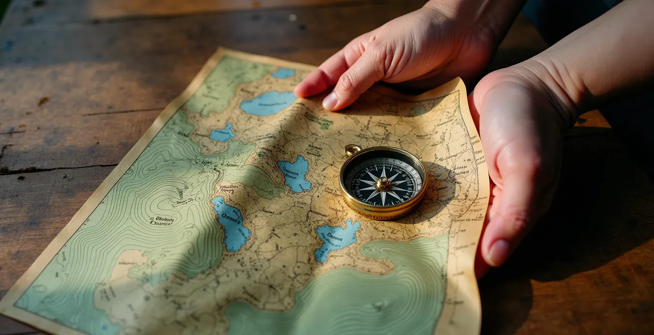 Mains tenant une carte topographique gouvernementale du Québec avec boussole posée dessus