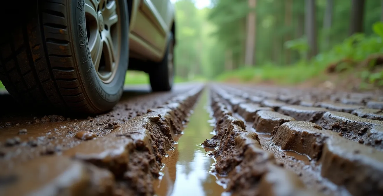 Chemin forestier boueux avec ornières profondes dans une forêt québécoise