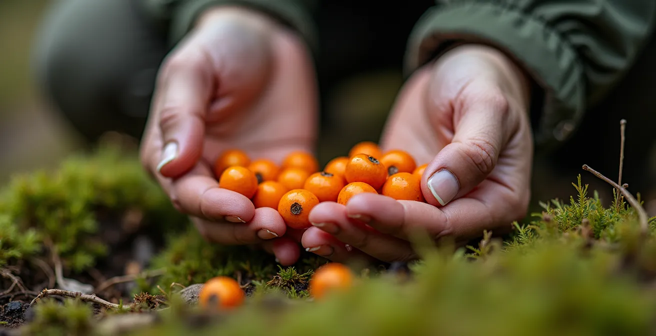 Gros plan sur des mains cueillant délicatement des chicoutais orange dans une tourbière de la Côte-Nord
