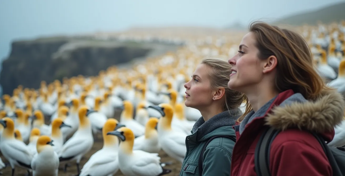 Visiteurs au cœur de la colonie de fous de Bassan sur l'Île Bonaventure avec vue sur les falaises