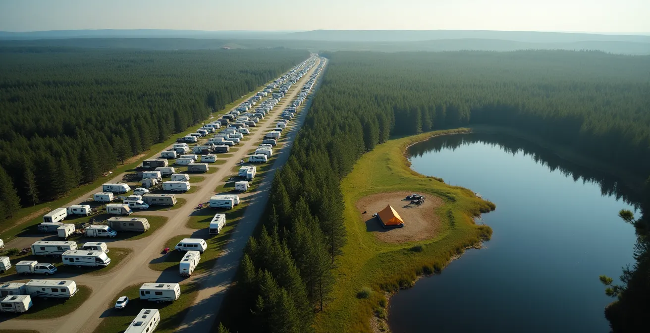 Vue aérienne montrant deux styles de camping côte à côte dans la forêt québécoise