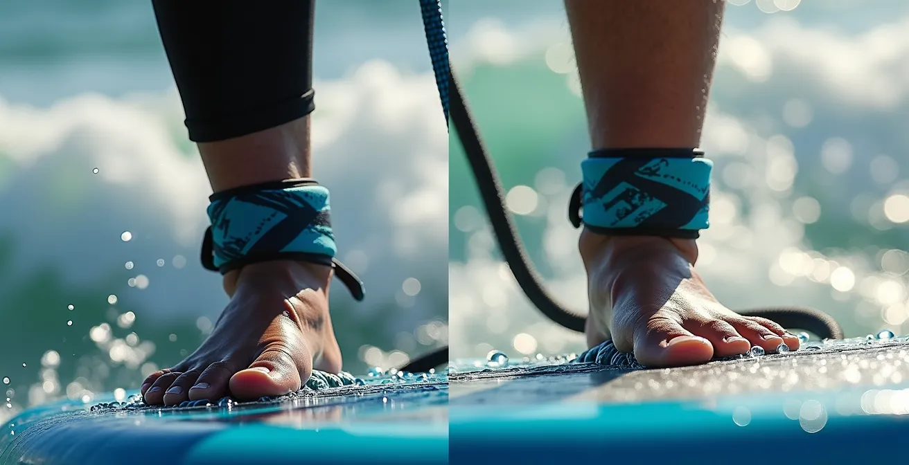 Gros plan sur deux types de laisses de SUP attachées à des chevilles, montrant la différence de tension