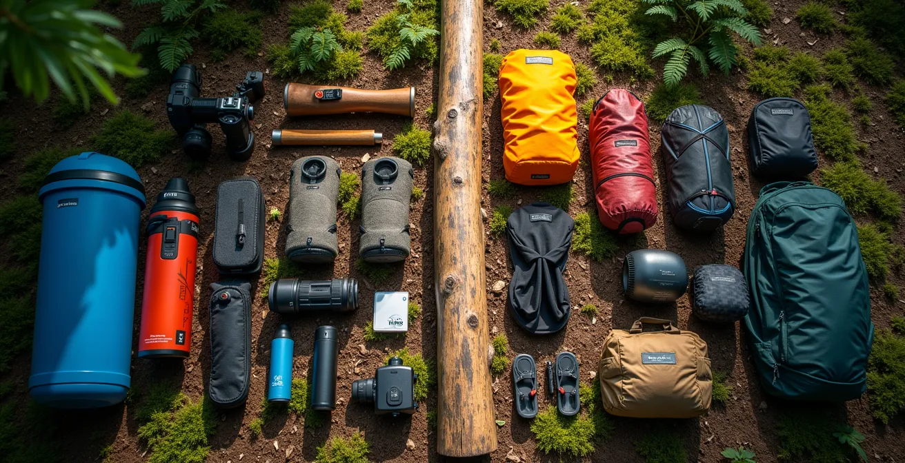 Équipements de camping disposés en deux groupes distincts illustrant location versus achat