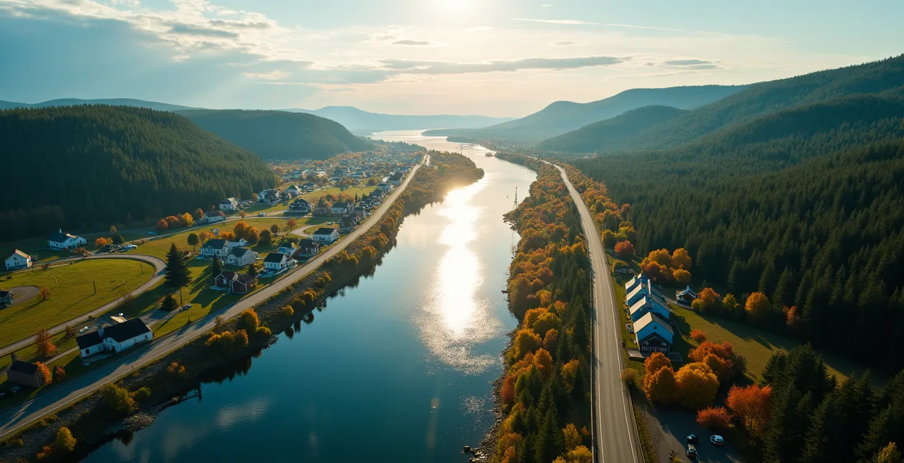 Vue aérienne comparative montrant les deux routes maritimes du Québec avec leurs caractéristiques distinctes