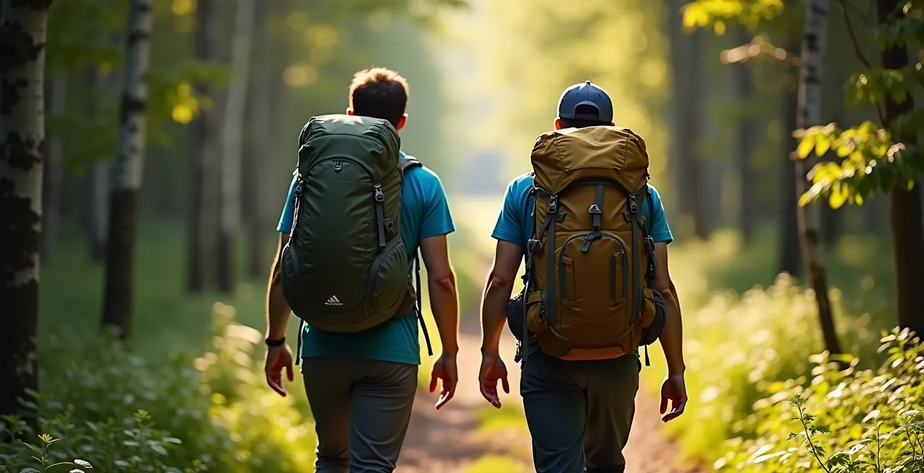 Deux randonneurs côte à côte sur un sentier forestier, l'un avec sac ultraléger, l'autre avec équipement complet