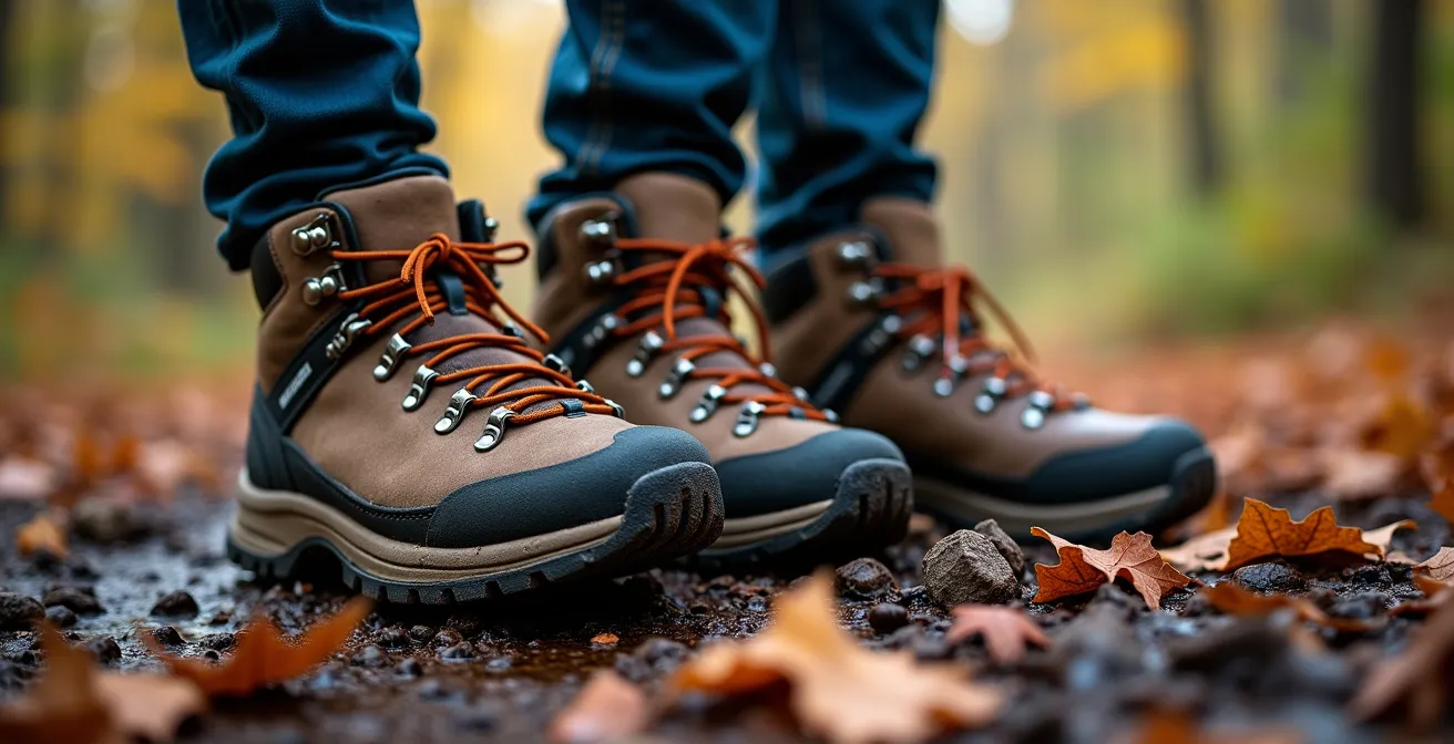 Comparaison visuelle entre une botte à tige haute et basse sur un sentier de la Mauricie