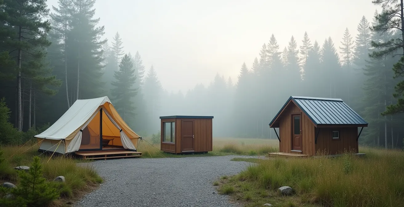Trois types de prêt-à-camper côte à côte dans un parc national québécois : tente toile, hybride et chalet rigide
