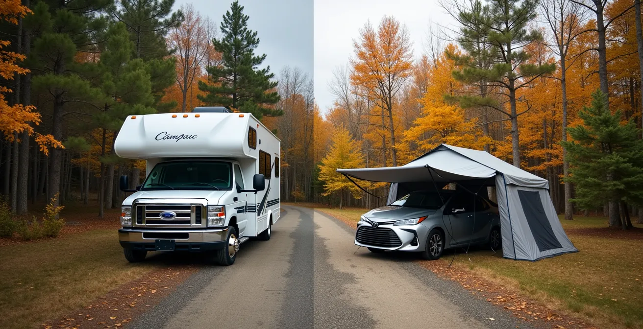 Comparaison visuelle entre un VR et une voiture avec tente dans un camping québécois