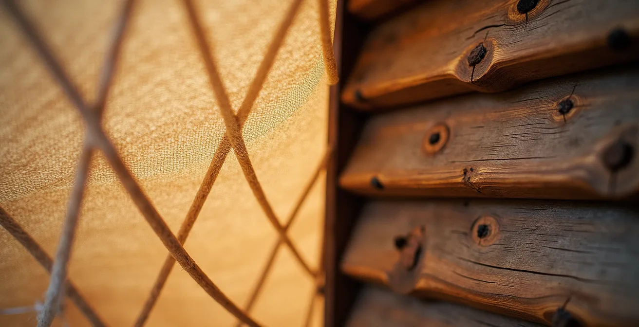 Dyptique montrant la texture d'une toile de yourte à gauche et le bois d'un mur de chalet à droite, dans une forêt québécoise.