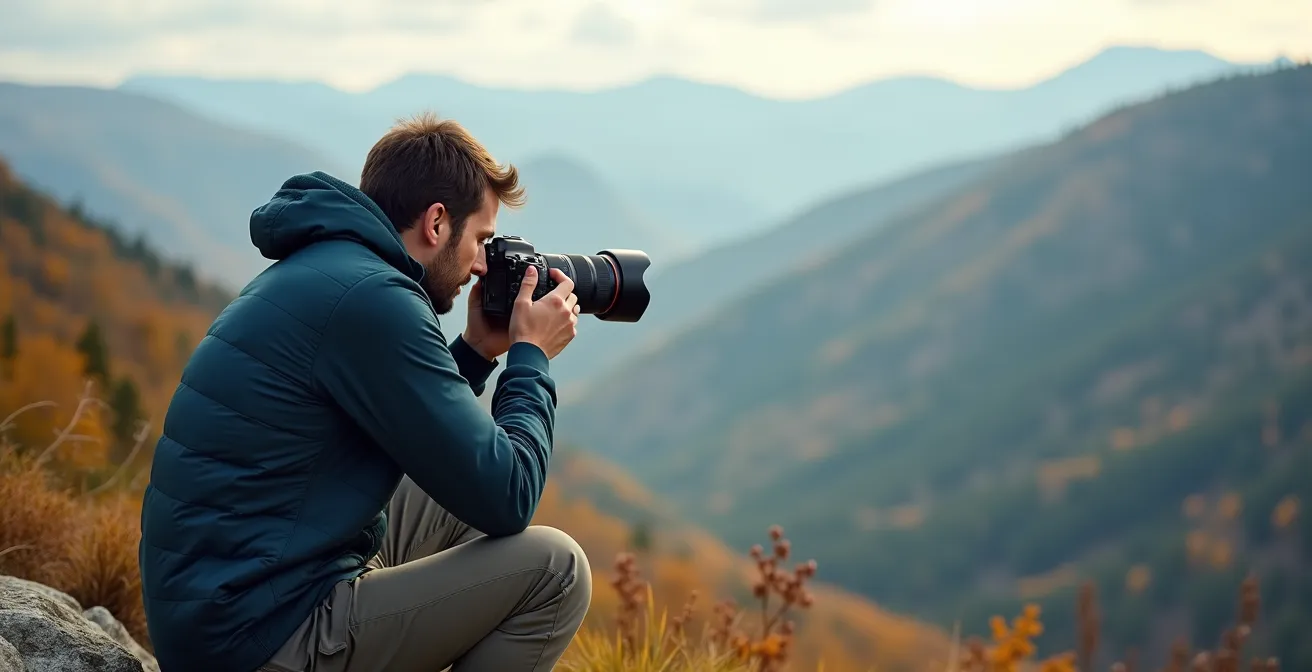 Montagnes de Charlevoix photographiées au téléobjectif montrant la compression des plans successifs