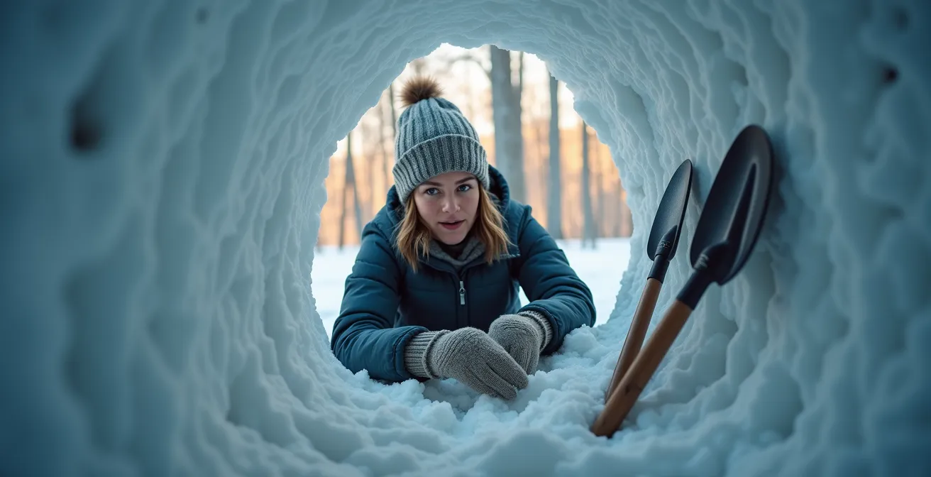 Construction d'un abri de neige quinzee en forêt québécoise