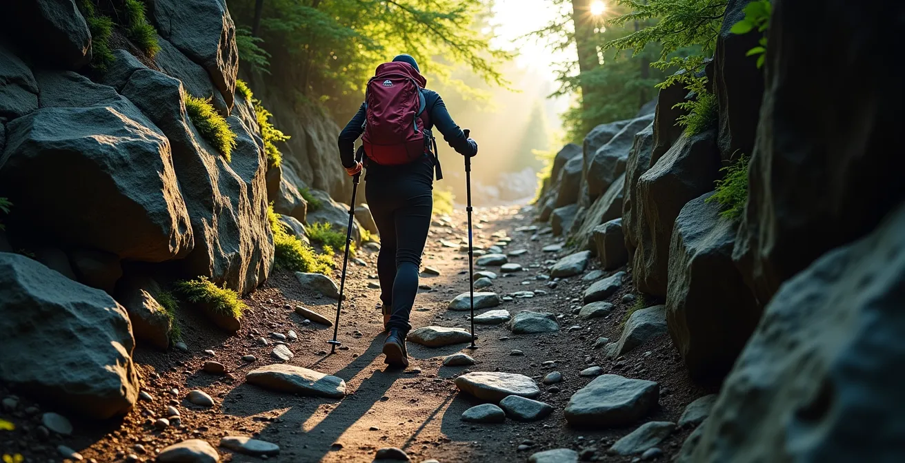 Randonneur en descente technique utilisant des bâtons pour la stabilité