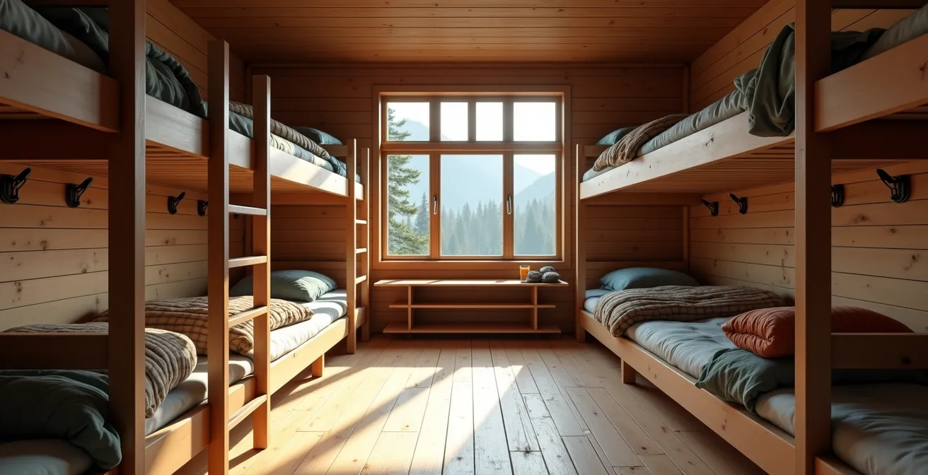Vue grand angle d'un dortoir de refuge avec lits superposés en bois et équipement de randonnée bien rangé