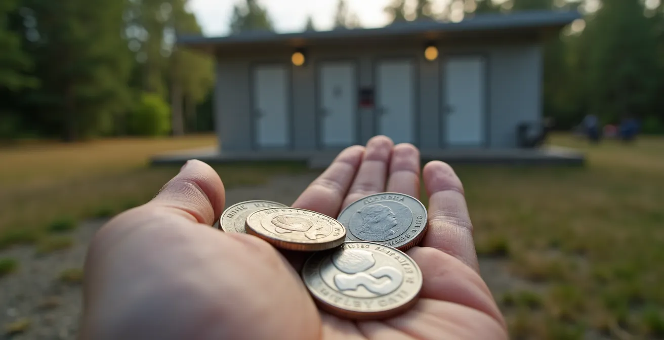 Main tenant des pièces de 25 cents devant un bloc sanitaire moderne de camping