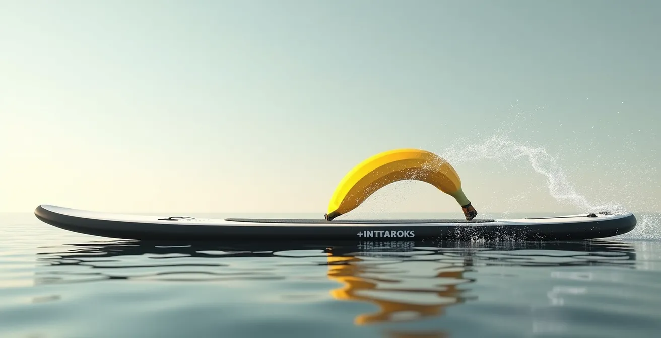 Vue latérale d'une planche SUP montrant la déformation en forme de banane causée par un sous-gonflage