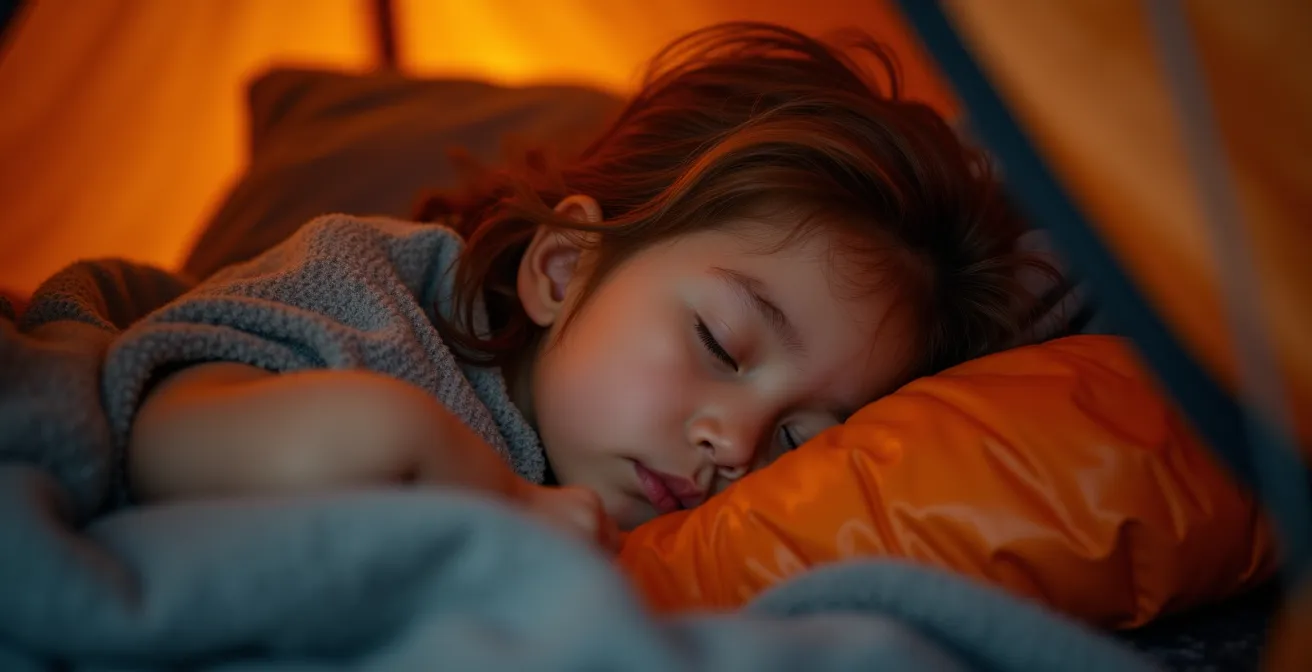 Enfant dormant paisiblement dans une tente de camping aménagée confortablement