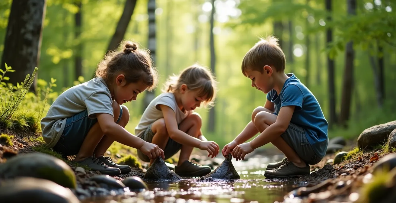 Enfants concentrés construisant un petit barrage avec branches et pierres dans un ruisseau forestier
