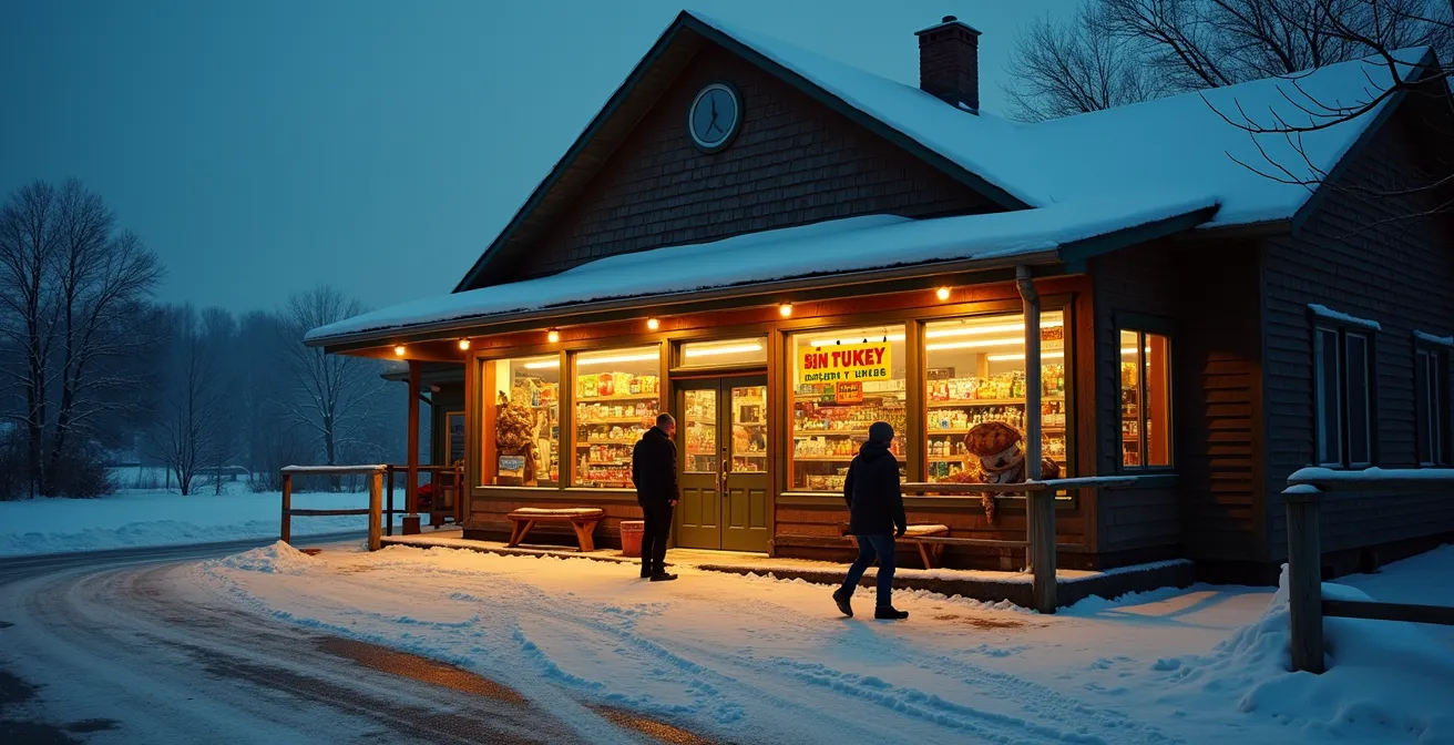 Petit commerce rural québécois en hiver avec enseigne floue et stationnement enneigé au coucher du soleil