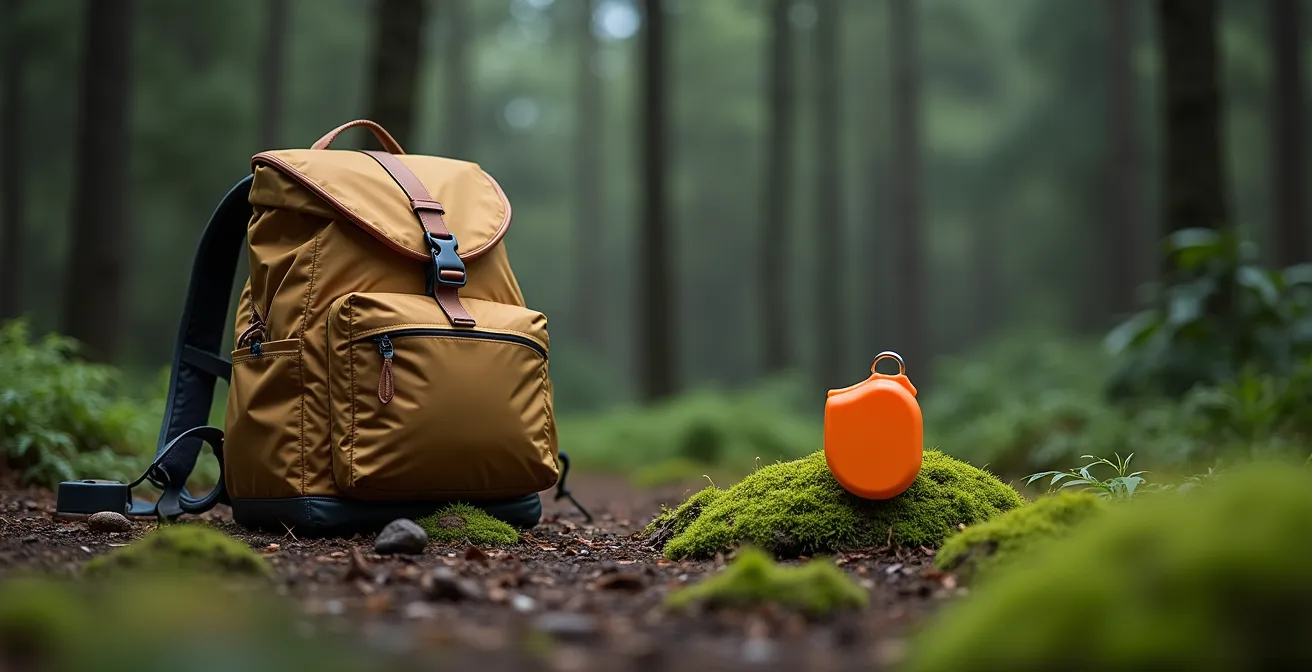 Équipement de camping aux teintes naturelles dans un environnement forestier