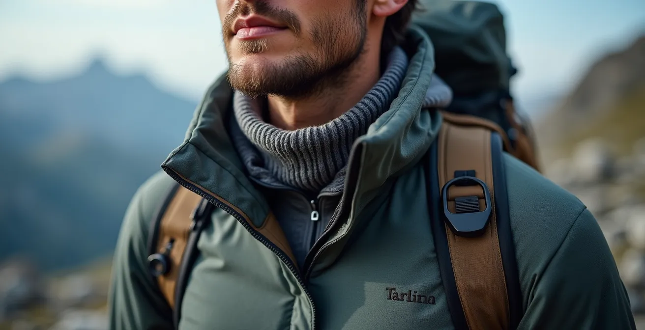 Randonneur équipé du système trois couches sur un sommet venteux de la Gaspésie