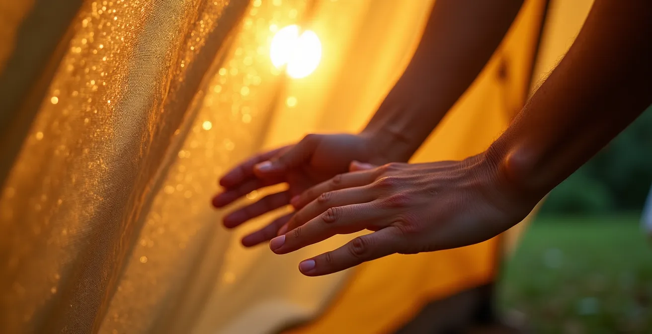 Mains touchant la toile d'une tente prêt-à-camper, évoquant l'expérience sensorielle