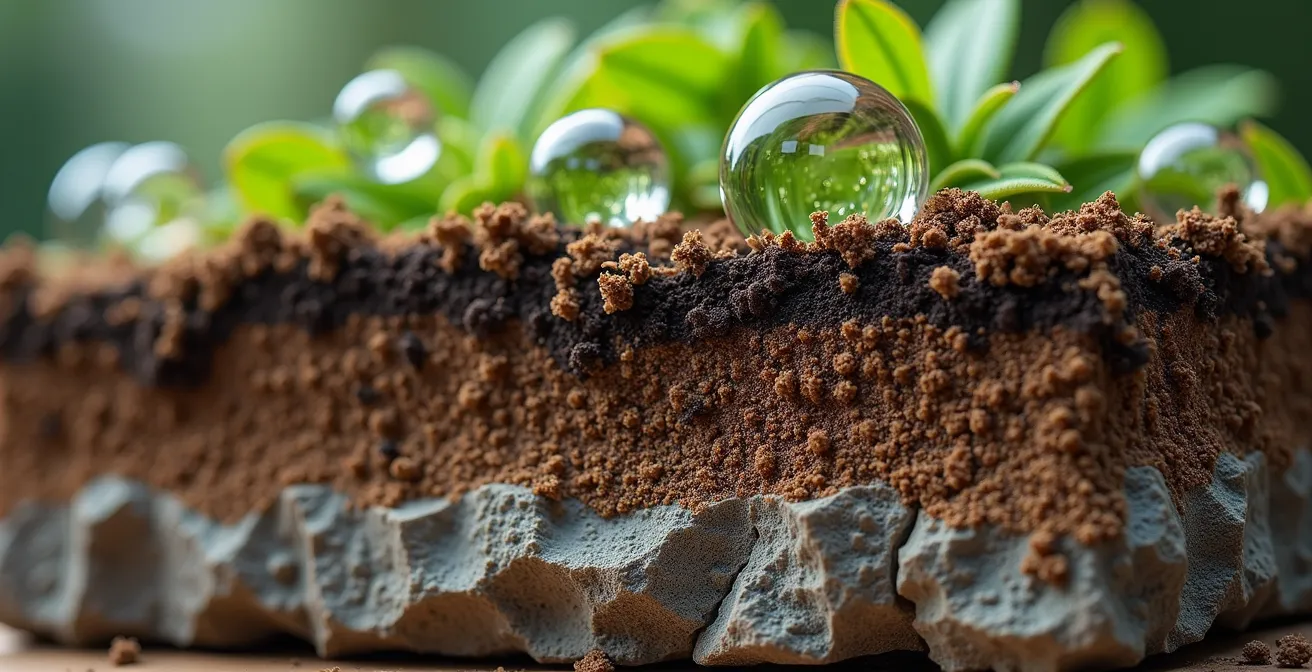 Coupe géologique montrant la filtration des eaux savonneuses à travers les différentes couches de sol du Bouclier canadien