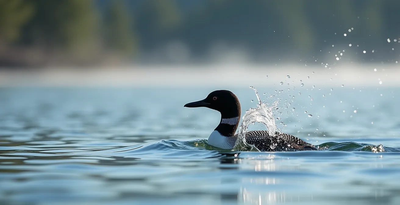 Huard à collier plongeant dans un lac aux eaux cristallines entouré de forêt boréale