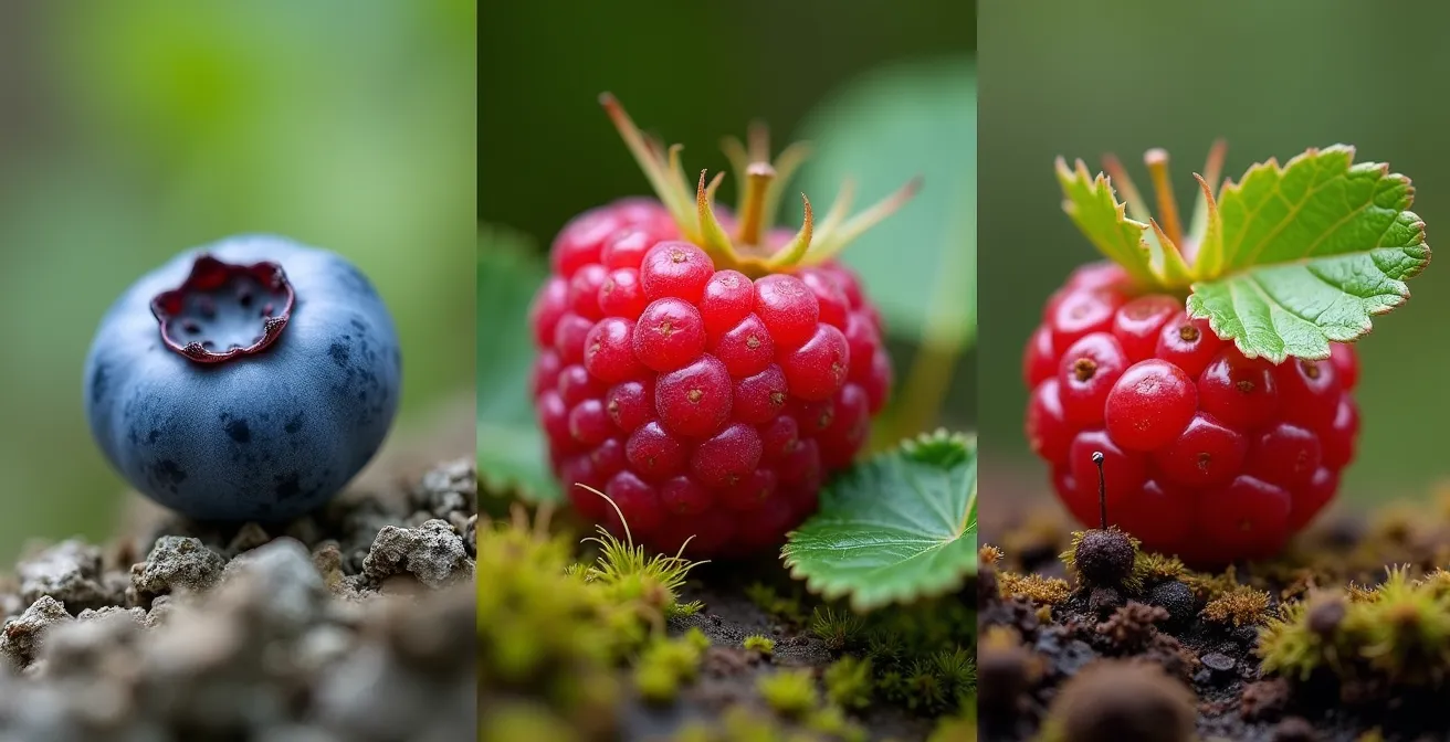 Photographie macro détaillée montrant trois baies sauvages du Québec avec leurs feuilles caractéristiques
