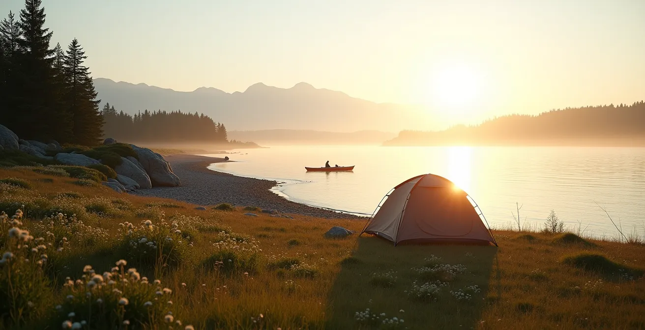 Vue panoramique d'une île sauvage du Saint-Laurent avec une tente solitaire