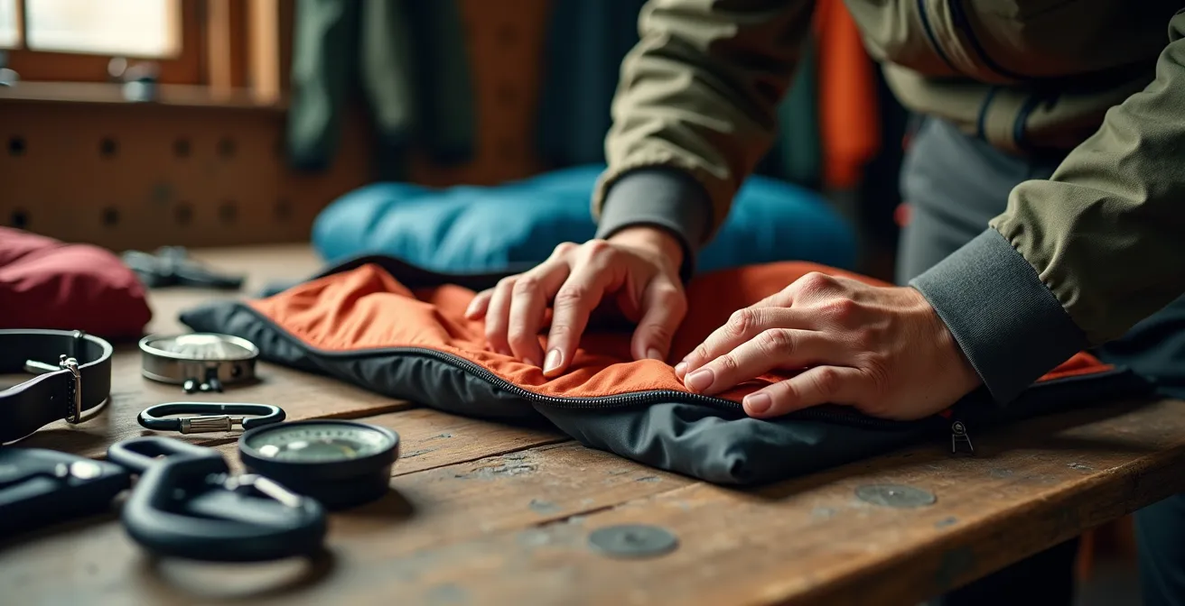 Mains examinant les coutures et fermetures d'une tente d'occasion sur une table en bois