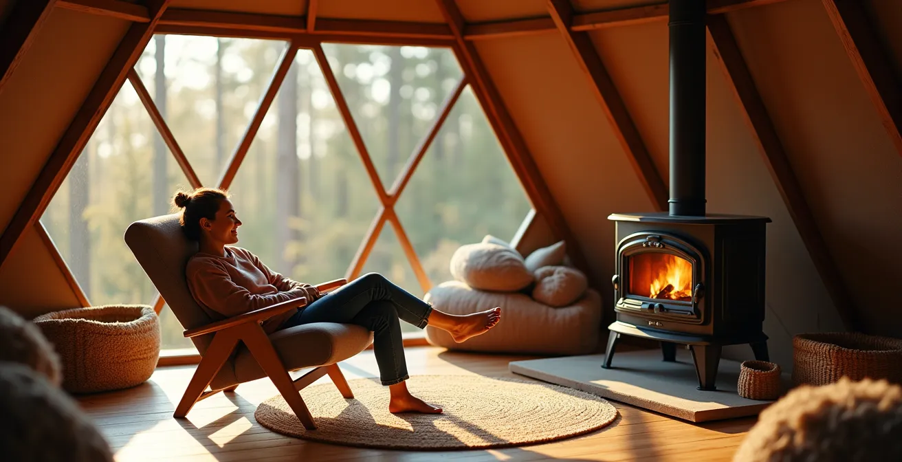 Intérieur chaleureux d'un dôme de glamping avec poêle à bois et mobilier rustique chic