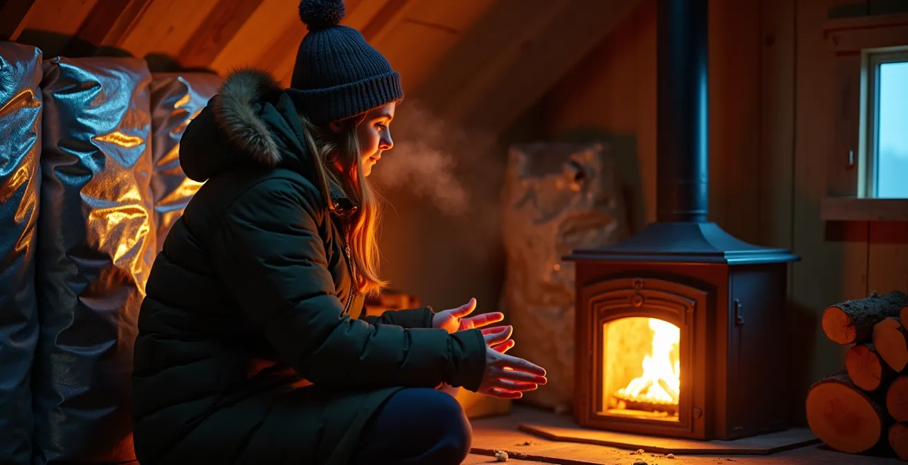 Intérieur chaleureux d'un refuge avec poêle à bois et isolation thermique improvisée