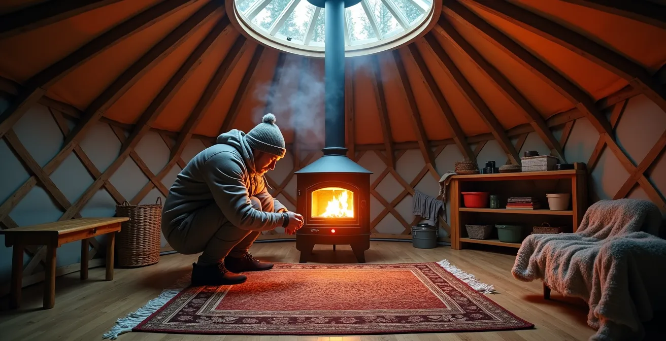Vue intérieure d'une yourte montrant l'organisation optimale de l'espace avec le poêle central.