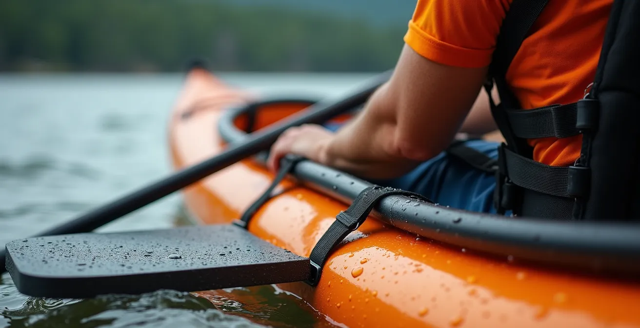 Gros plan sur le mécanisme de transfert entre un fauteuil roulant et un kayak adapté au bord d'un lac québécois.