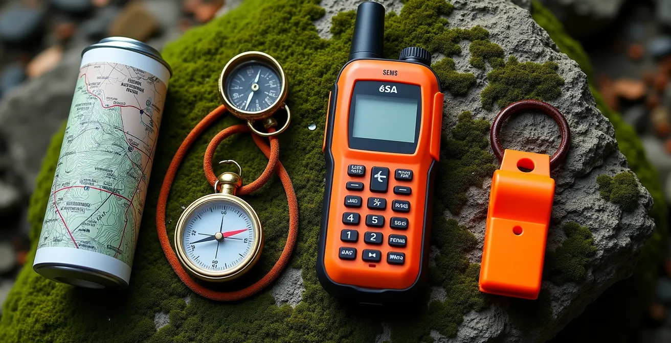 Équipement de survie disposé sur rocher moussu incluant communicateur satellite, boussole et filtre à eau