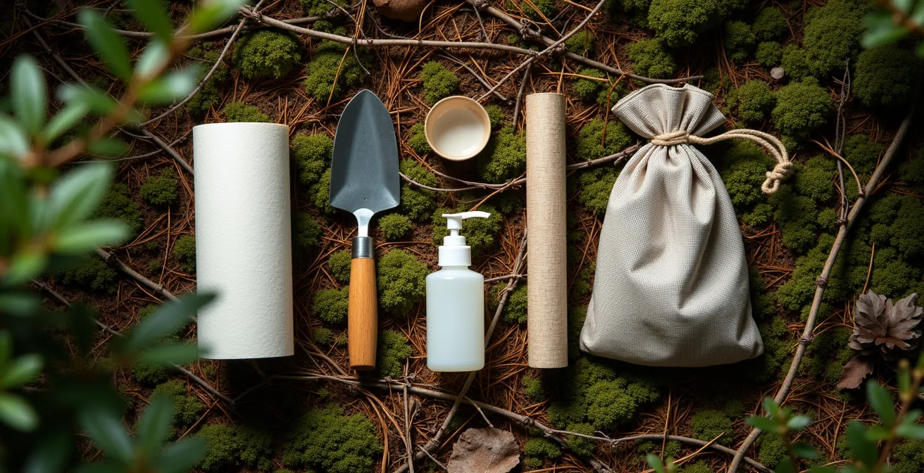 Kit de toilette forestière disposé sur mousse avec mini-pelle, papier biodégradable et désinfectant pour les mains