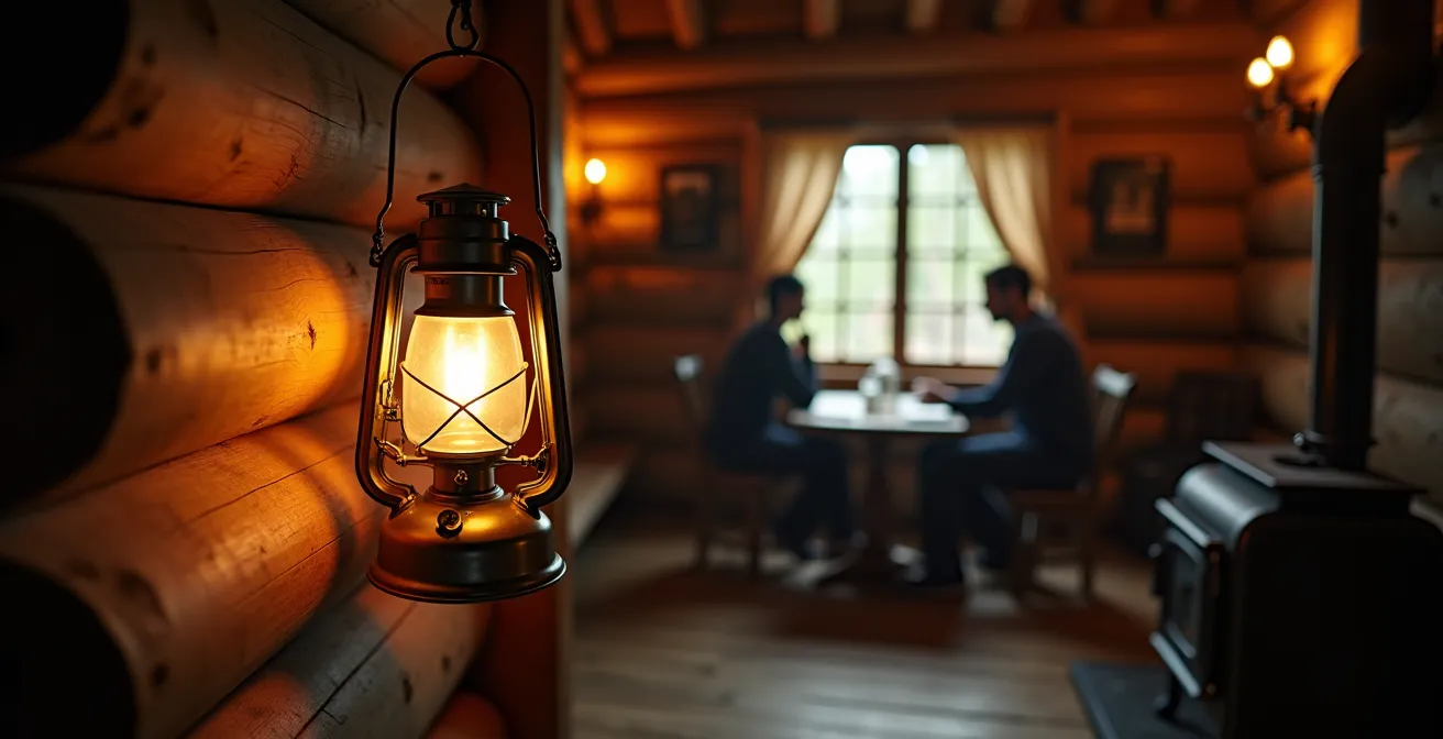 Intérieur chaleureux d'un chalet rustique éclairé par une lampe au propane suspendue