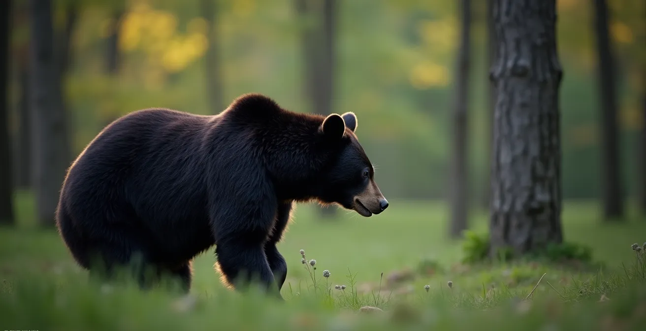 Ours noir de profil montrant les signes de stress avec oreilles couchées dans la forêt québécoise