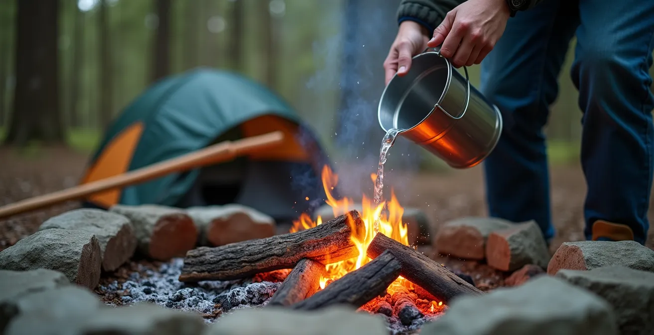 Démonstration de la méthode d'extinction d'un feu de camp avec arrosage d'eau