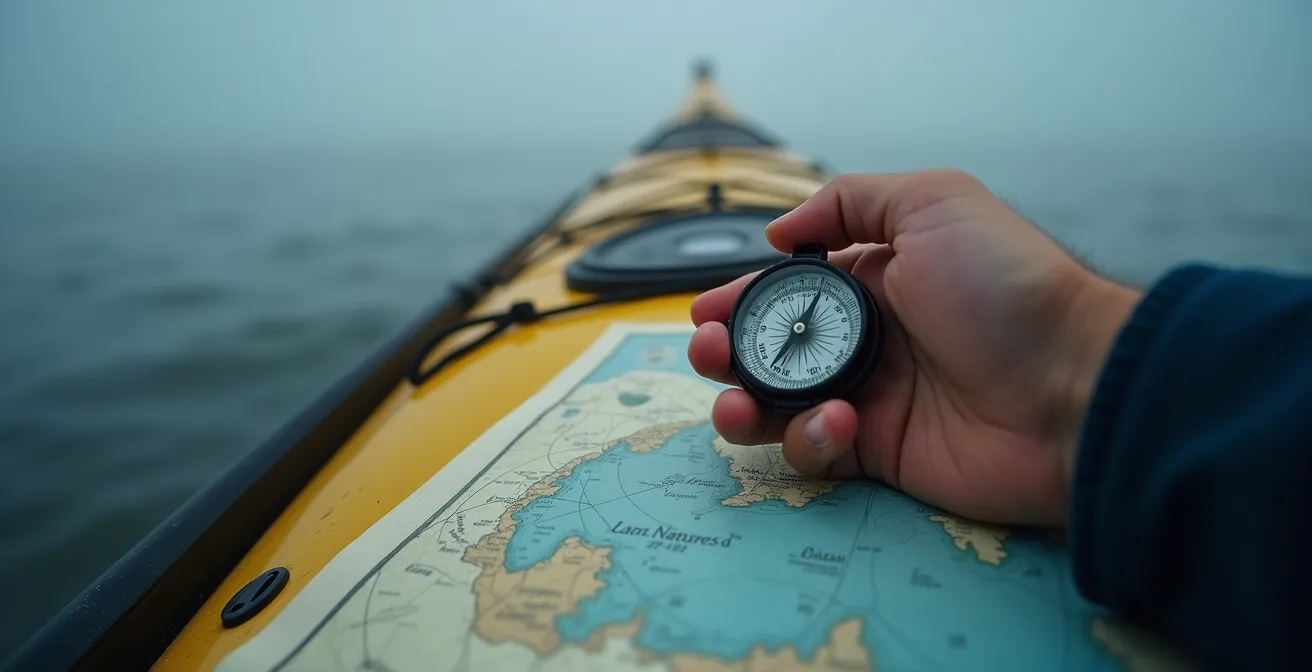 Kayakiste utilisant un compas dans un épais brouillard sur l'eau