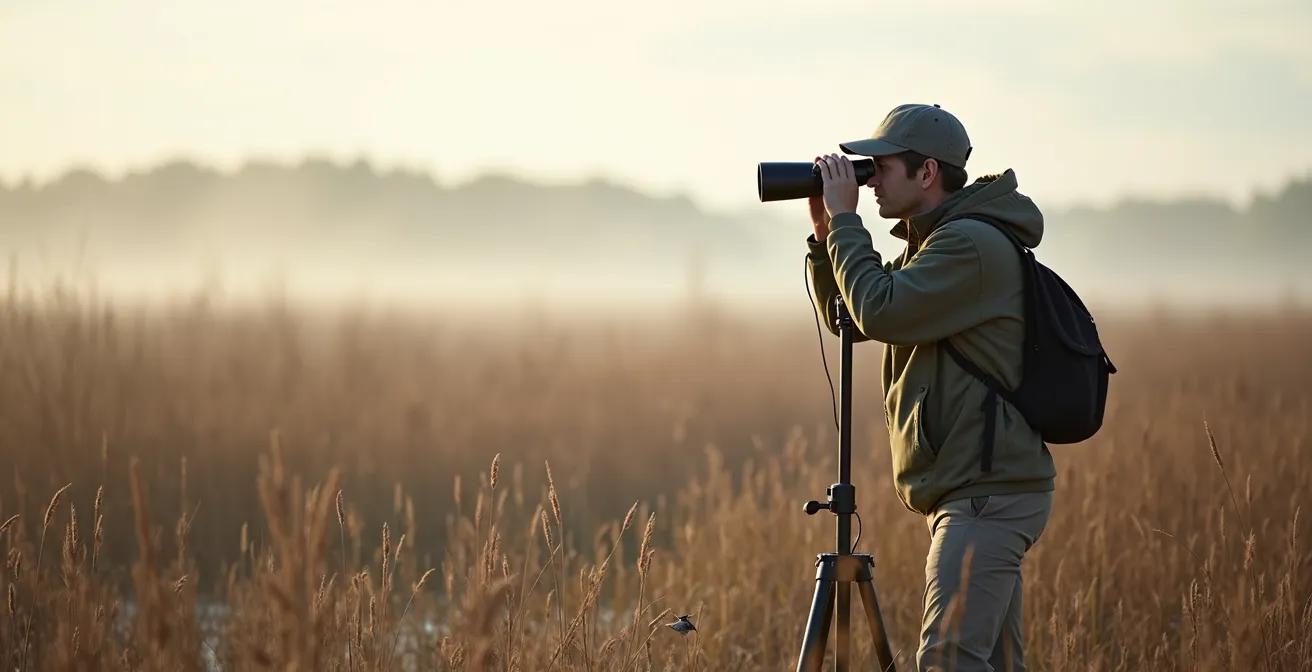 Observateur d'oiseaux en position stable dans un marais québécois avec jumelles